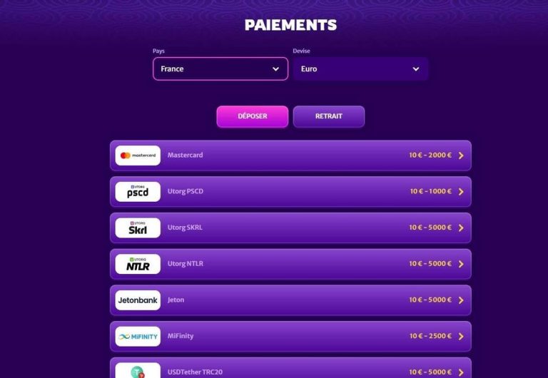 Midasluck Casino moyens paiement dépôt