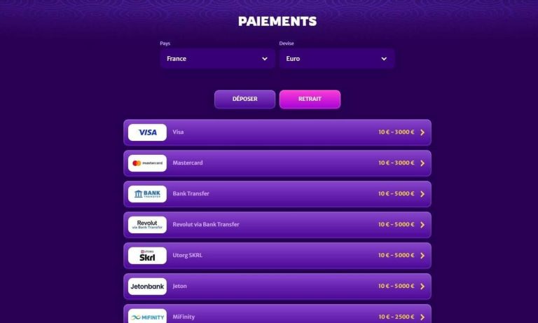 Midasluck Casino moyens paiement retrait